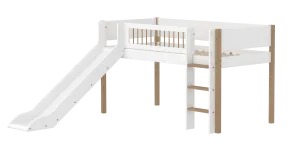 Mid-High Bed with Slide, Ladder and Safety Rail, 90x200 cm, White/Oak
