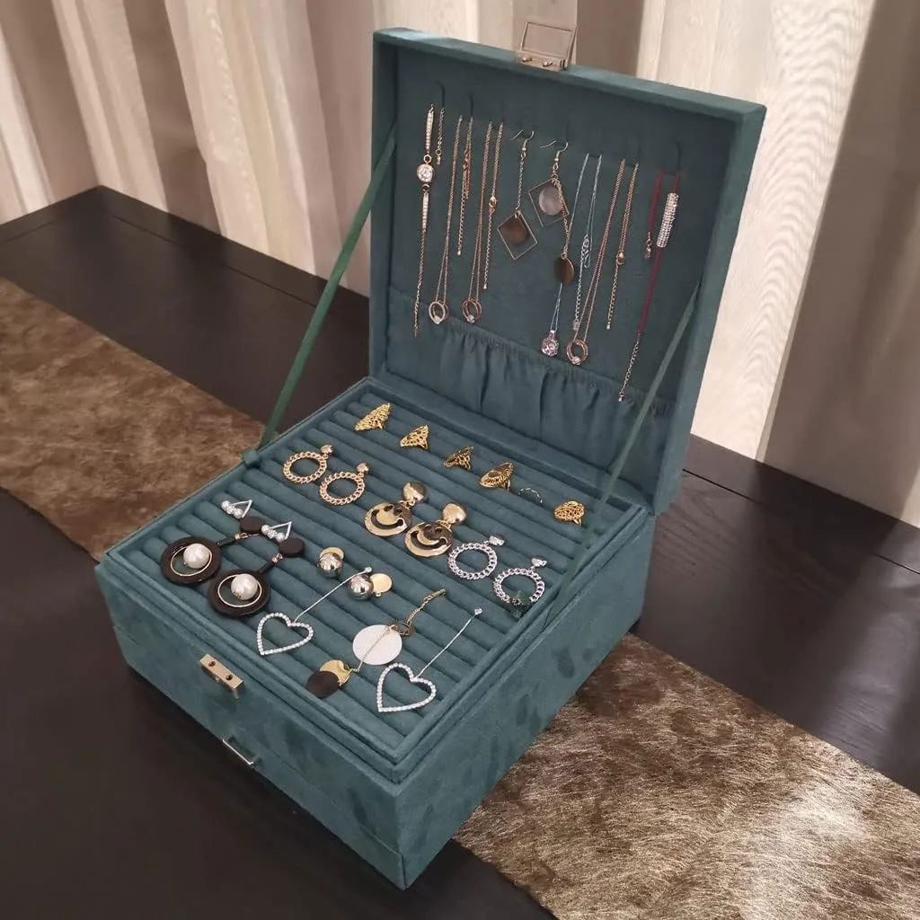 MUSUMI Jewelry Box 3-Layer Jewelry Box Storage Box Necklace Ring Bracelet Bracelet Earrings Watch Jewelry Storage Box Velvet Jewelry Box Jewelry Box Organizer (Dark Green)