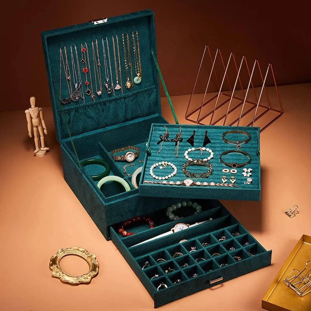 MUSUMI Jewelry Box 3-Layer Jewelry Box Storage Box Necklace Ring Bracelet Bracelet Earrings Watch Jewelry Storage Box Velvet Jewelry Box Jewelry Box Organizer (Dark Green)