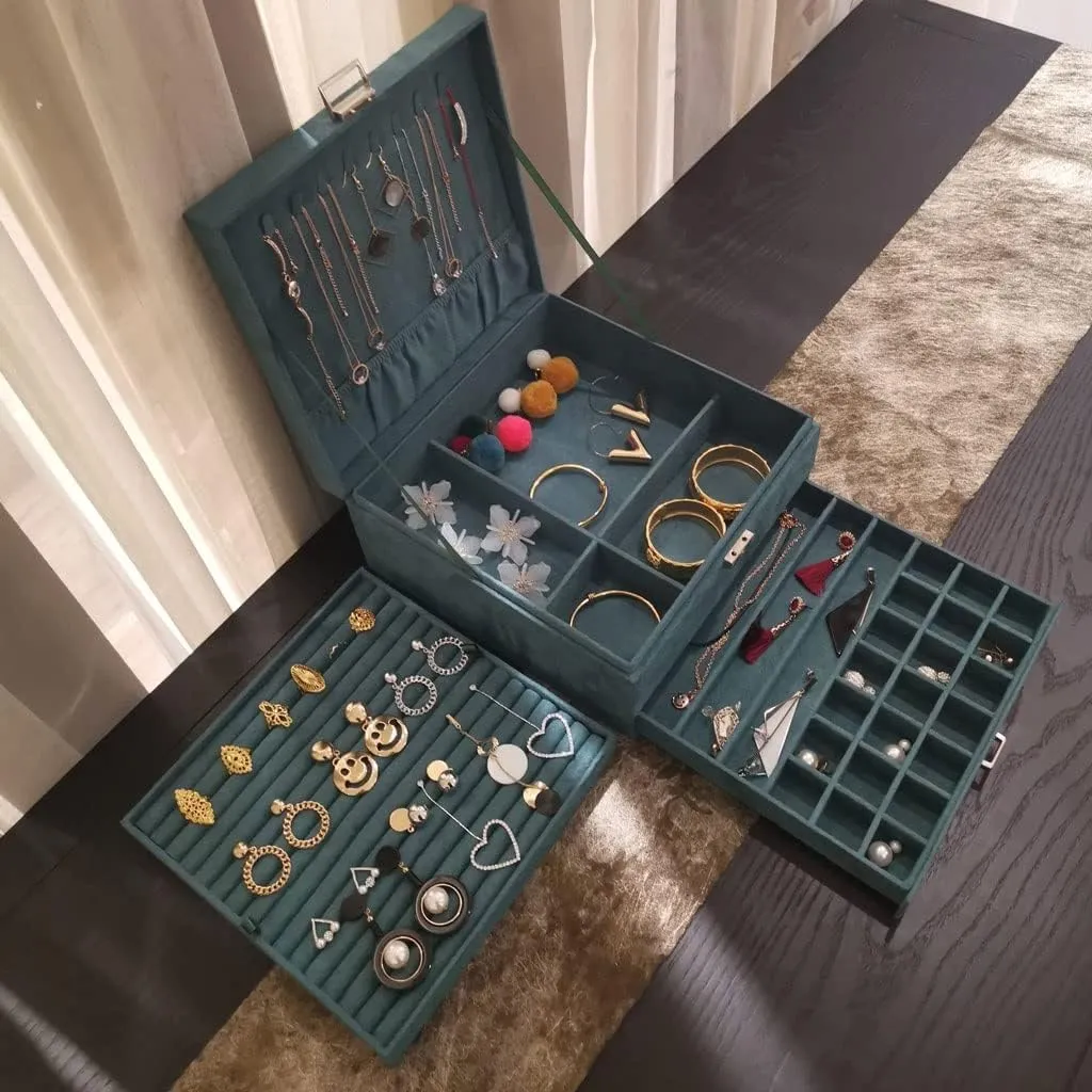 MUSUMI Jewelry Box 3-Layer Jewelry Box Storage Box Necklace Ring Bracelet Bracelet Earrings Watch Jewelry Storage Box Velvet Jewelry Box Jewelry Box Organizer (Dark Green)