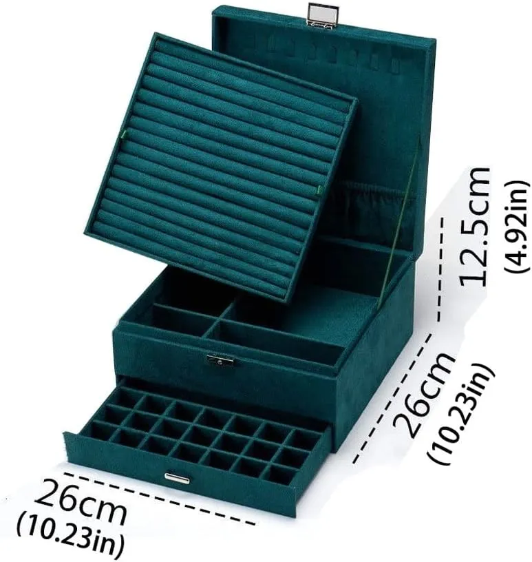 MUSUMI Jewelry Box 3-Layer Jewelry Box Storage Box Necklace Ring Bracelet Bracelet Earrings Watch Jewelry Storage Box Velvet Jewelry Box Jewelry Box Organizer (Dark Green)