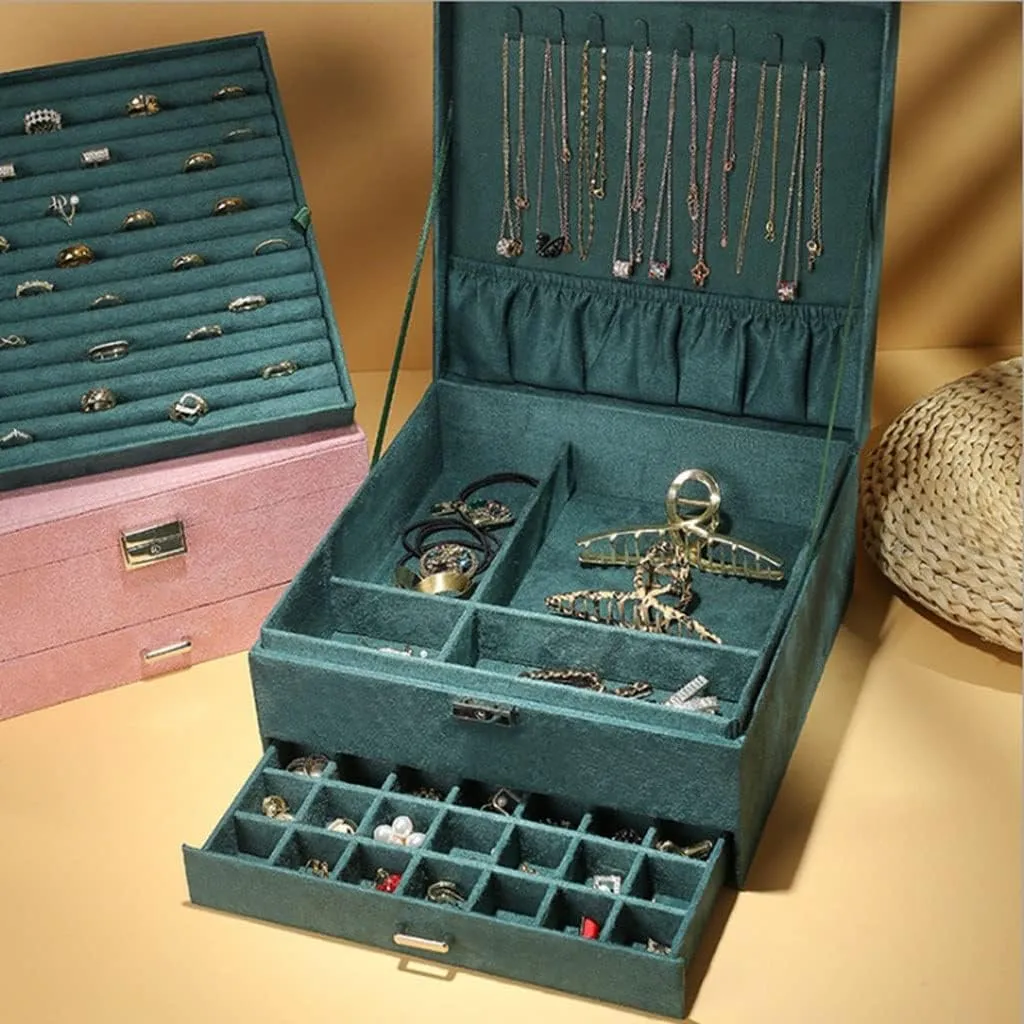 MUSUMI Jewelry Box 3-Layer Jewelry Box Storage Box Necklace Ring Bracelet Bracelet Earrings Watch Jewelry Storage Box Velvet Jewelry Box Jewelry Box Organizer (Dark Green)