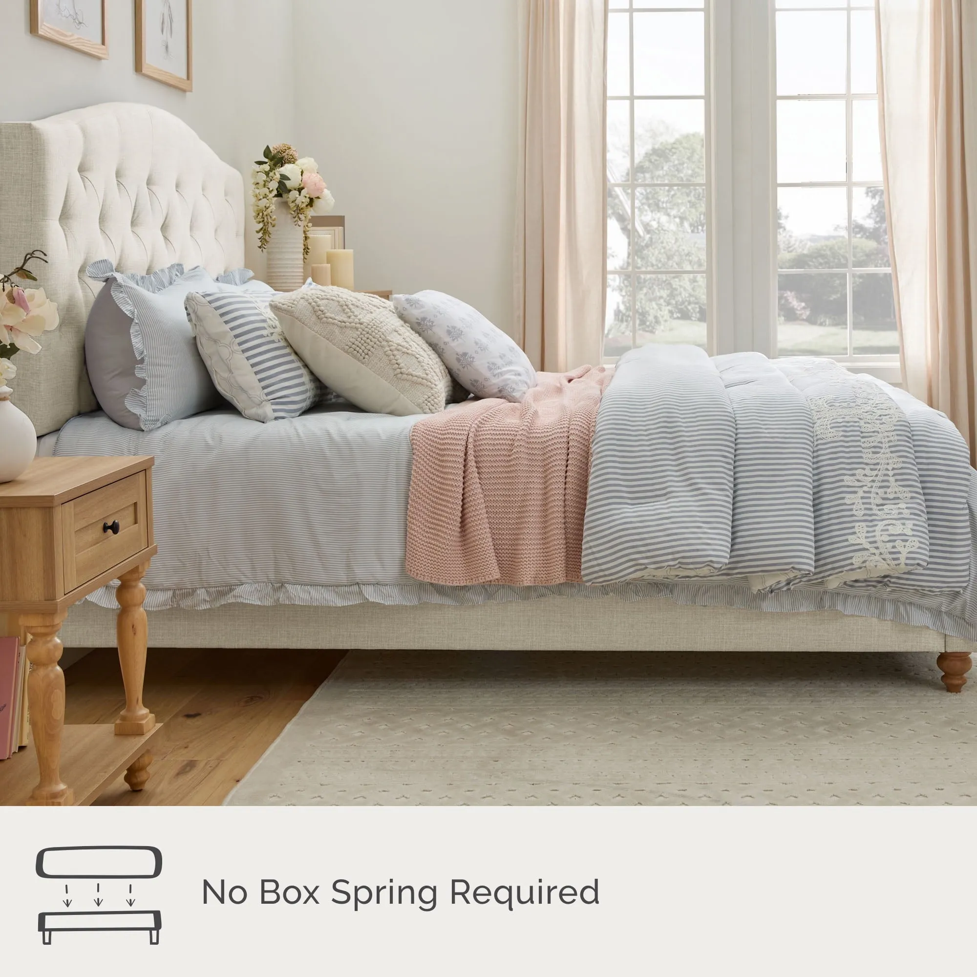 My Texas House Anna Upholstered Diamond Tufted Platform Bed, Queen, Oat