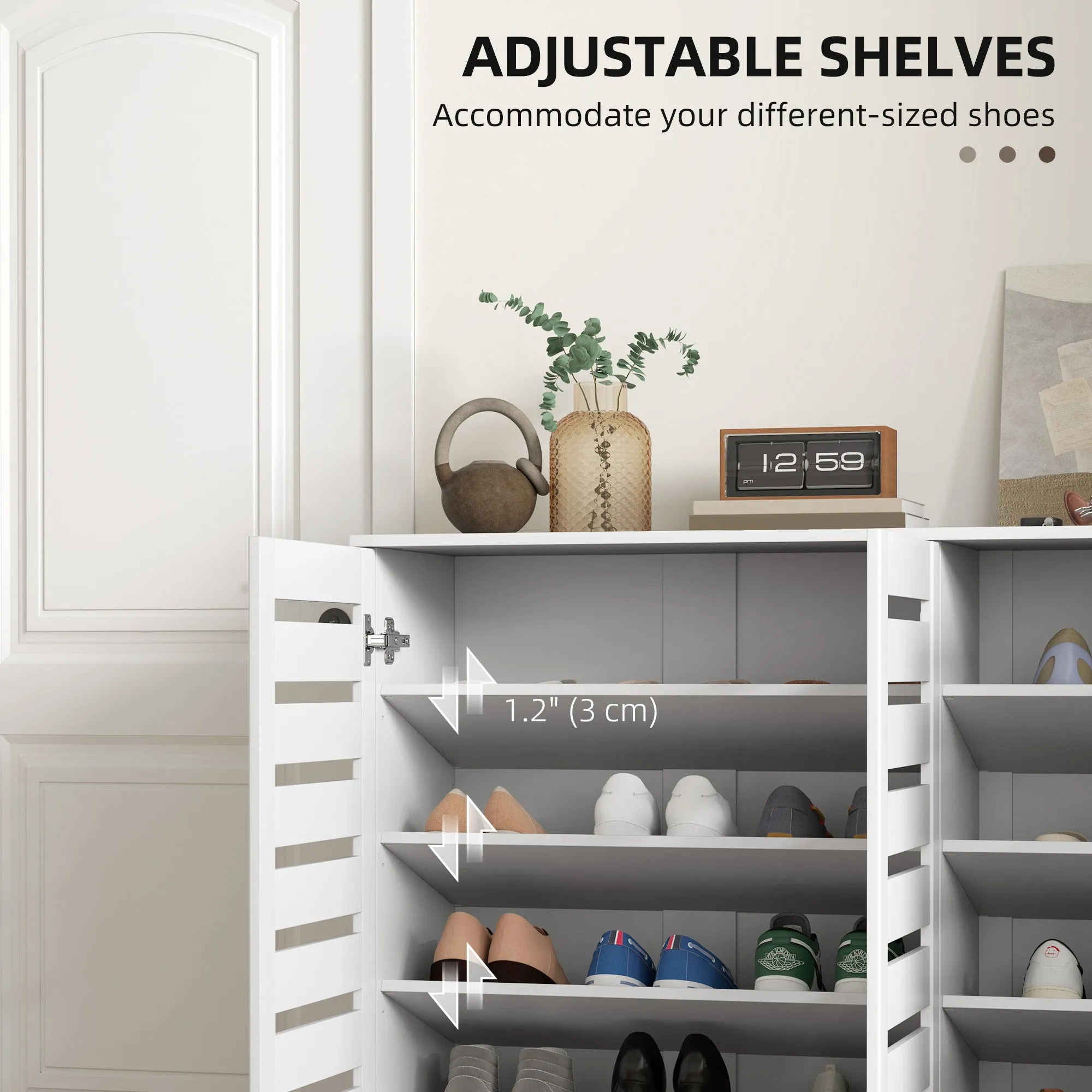 Narrow Shoe Cabinet with Slatted Doors, Adjustable Shelves for 20 Pairs of Shoes, Shoe Cabinet for Entryway, White
