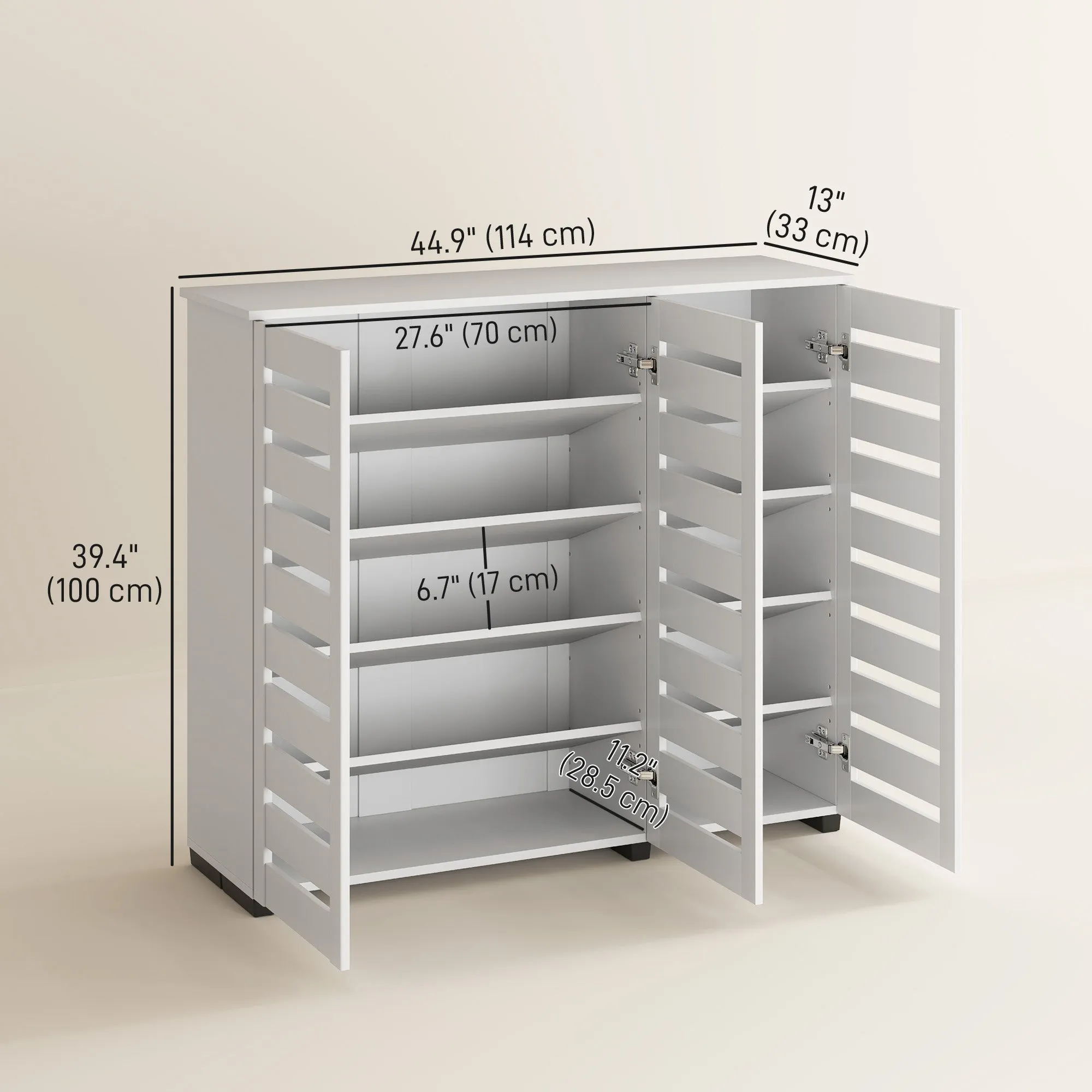 Narrow Shoe Cabinet with Slatted Doors, Adjustable Shelves for 20 Pairs of Shoes, Shoe Cabinet for Entryway, White