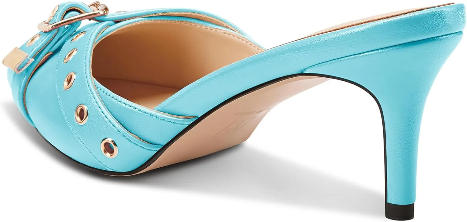 NobleOnly Kitten Heels for Women - Close Pointed Toe Mule Heels, Studded Slip On Party Dress Pumps, 2.6 Inches