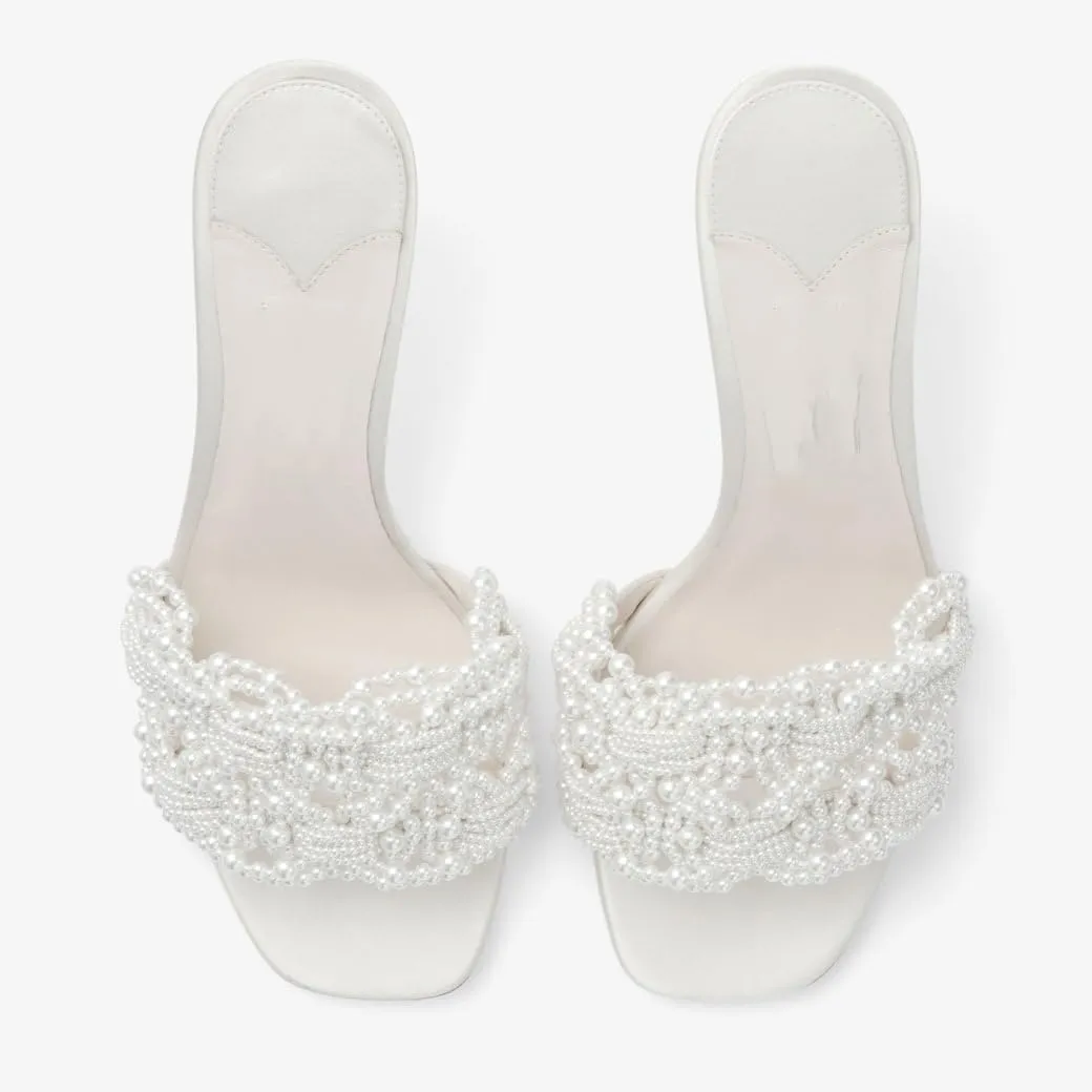 Pearl Embellishments Heeled Mules for Women Open Square Toe Woven Raffia Kitten Heels Braided Backless Slip On Mules heel Sandals Wedding Summer Shoe