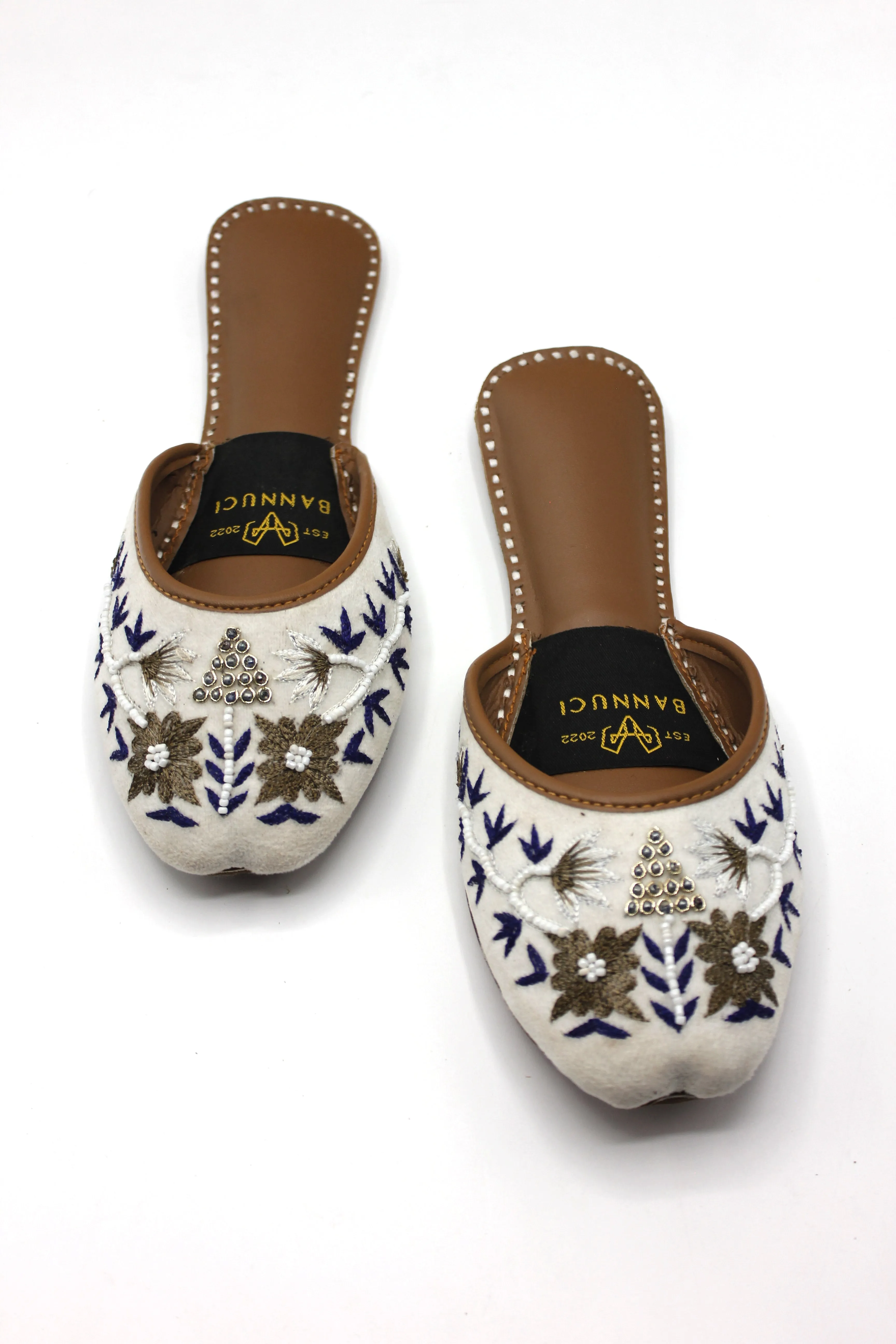 Premium Quality Back less White Multi Color Pearl Embroidered Jooti