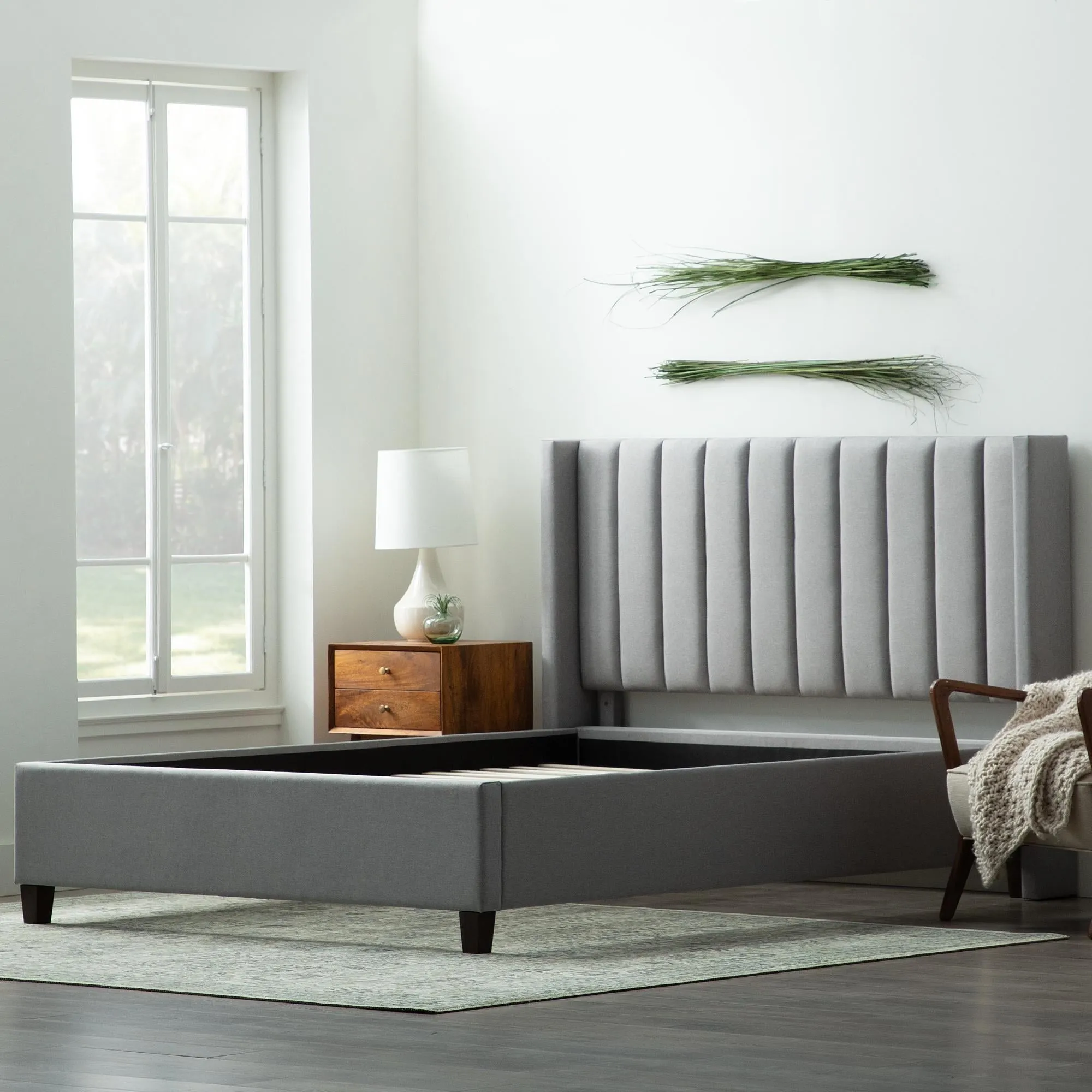 Rest Haven Odessa Tufted Upholstered Wingback Platform Bed, Queen, Gray