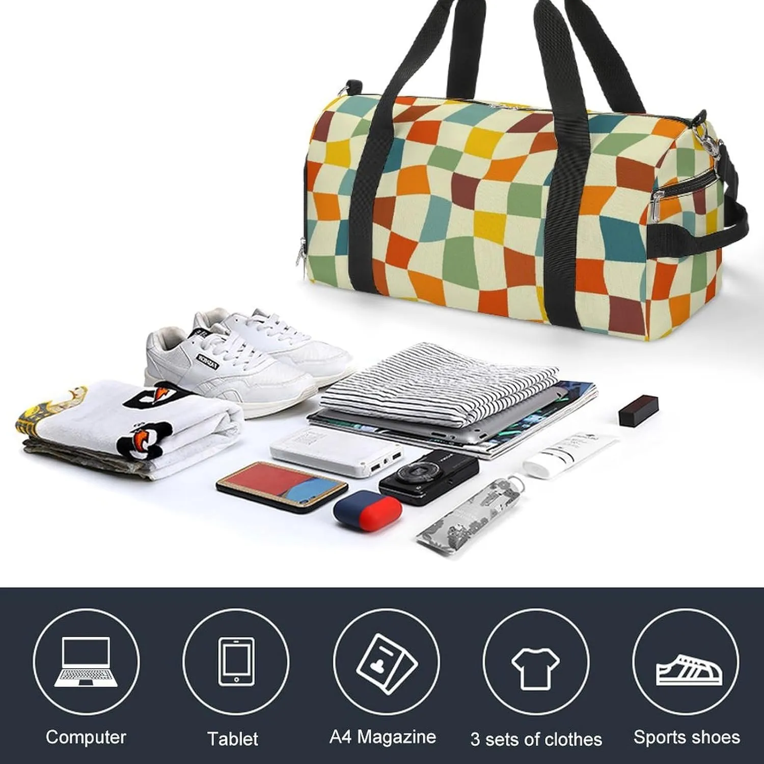 Retro 70s Chessboard Fitness Large Gym Bag for Unisex with Shoe Compartment & Wet Pocket
