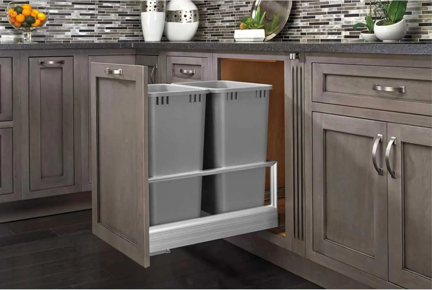 Rev-A-Shelf Double 50 Quart Pull Out Trash Can for Base Kitchen Cabinets, Storage Garage Bin on Wire Basket with Soft Close, Silver, 5149-2150DM-217