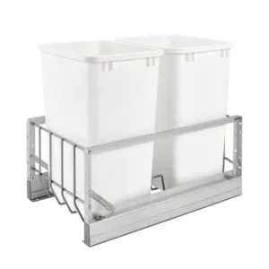 Rev-A-Shelf Double Pullout Waste Container Storage for Kitchen Base Cabinets, 35 Qt Trash Cans with Soft-Close Slides, Silver & White, 5349-15DM18-2