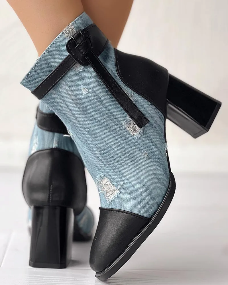 Ripped Denim Chunky Heem Ankle Boots