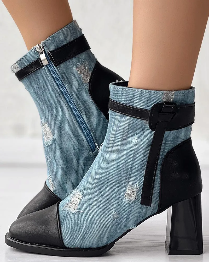 Ripped Denim Chunky Heem Ankle Boots