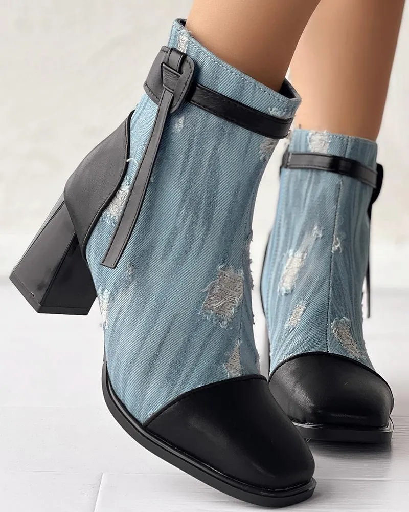 Ripped Denim Chunky Heem Ankle Boots
