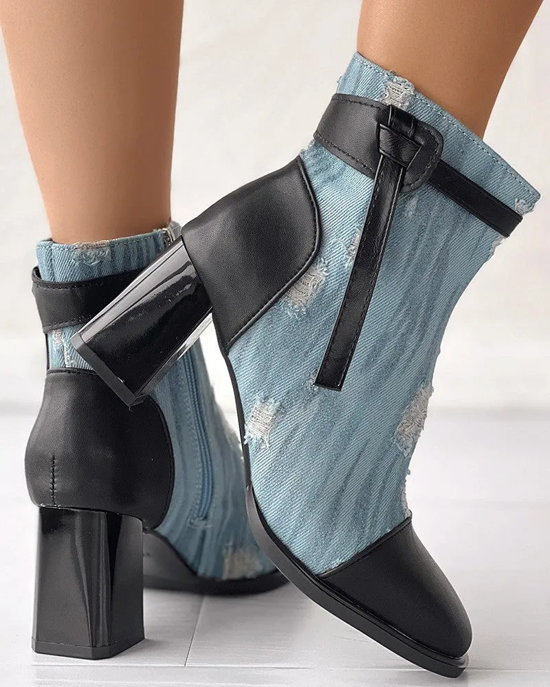 Ripped Denim Chunky Heem Ankle Boots