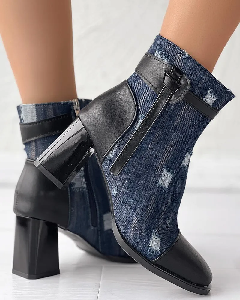 Ripped Denim Chunky Heem Ankle Boots
