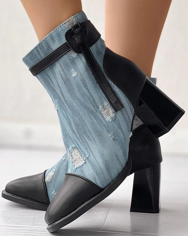 Ripped Denim Chunky Heem Ankle Boots