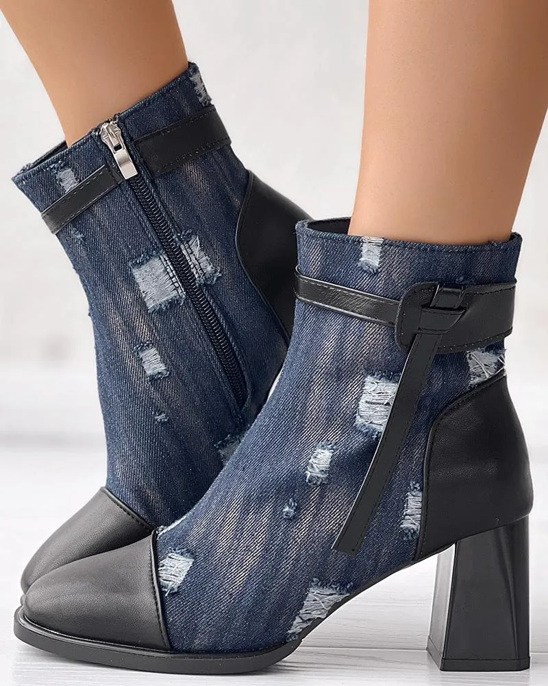 Ripped Denim Chunky Heem Ankle Boots