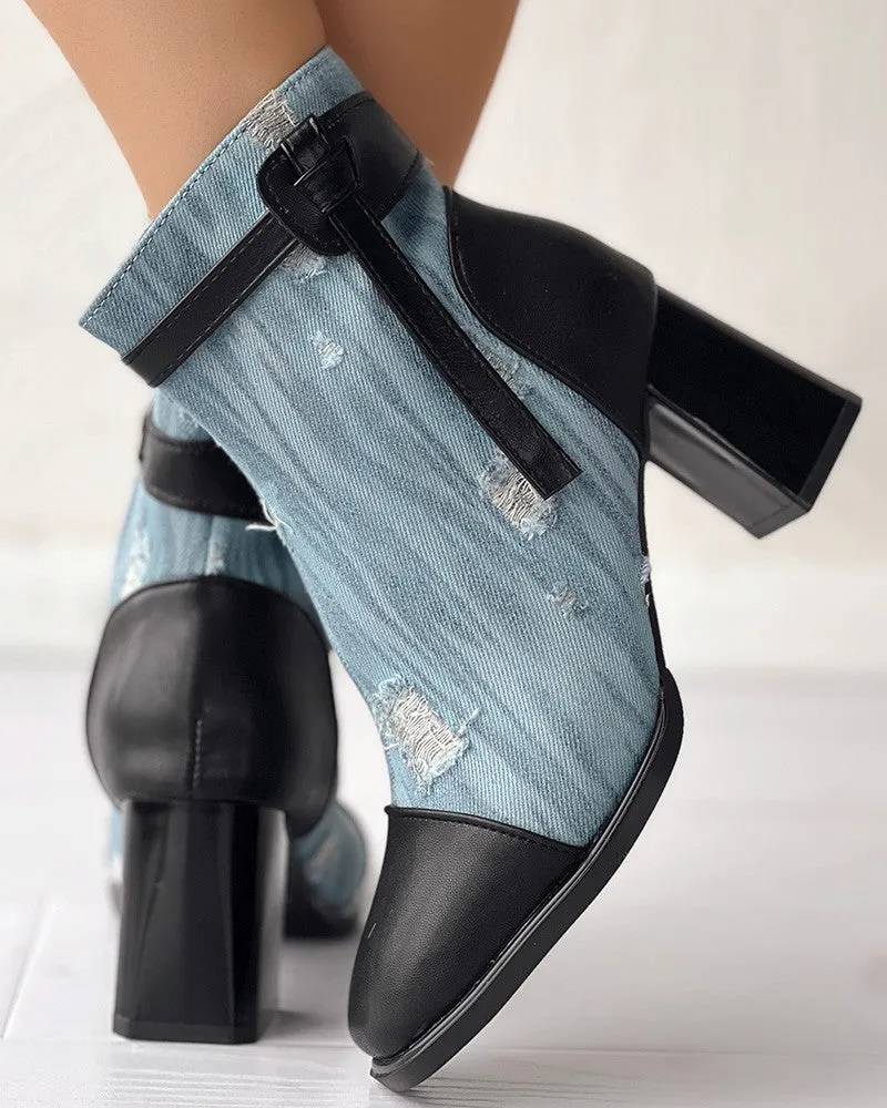 Ripped Denim Chunky Heem Ankle Boots