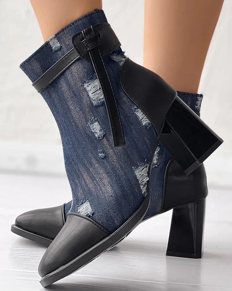 Ripped Denim Chunky Heem Ankle Boots