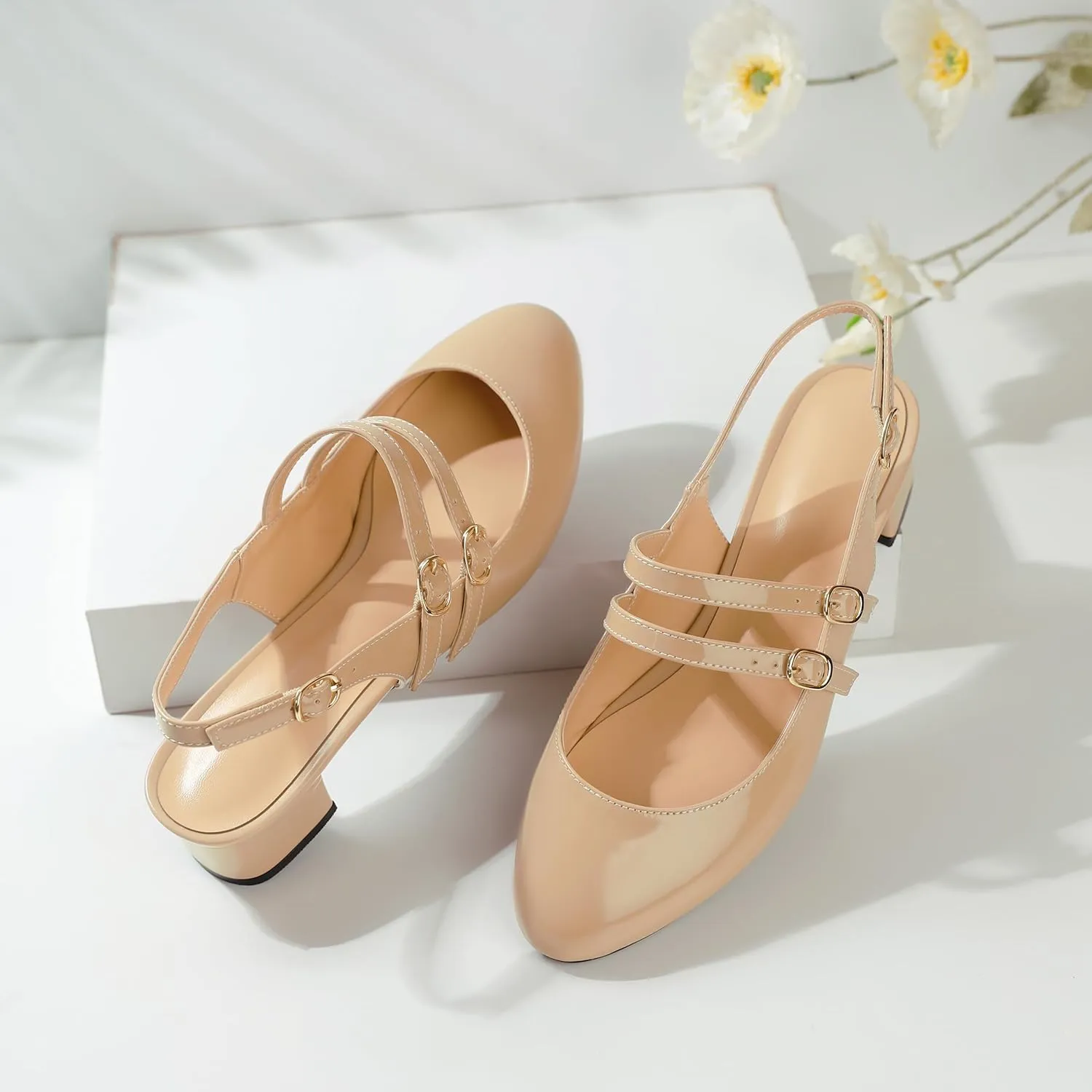 SAMMITOP Mary Janes for Women Chunky Block Low Heel Slingback Pumps Mary Jane Dress Shoes Closed Round Toe Wedding Work Pumps 1.4 Inch