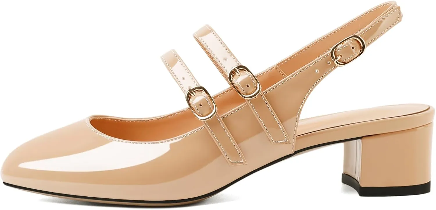 SAMMITOP Mary Janes for Women Chunky Block Low Heel Slingback Pumps Mary Jane Dress Shoes Closed Round Toe Wedding Work Pumps 1.4 Inch