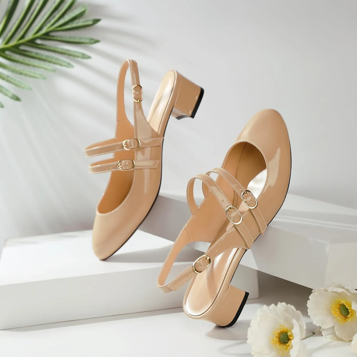SAMMITOP Mary Janes for Women Chunky Block Low Heel Slingback Pumps Mary Jane Dress Shoes Closed Round Toe Wedding Work Pumps 1.4 Inch