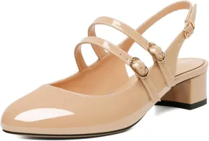 SAMMITOP Mary Janes for Women Chunky Block Low Heel Slingback Pumps Mary Jane Dress Shoes Closed Round Toe Wedding Work Pumps 1.4 Inch