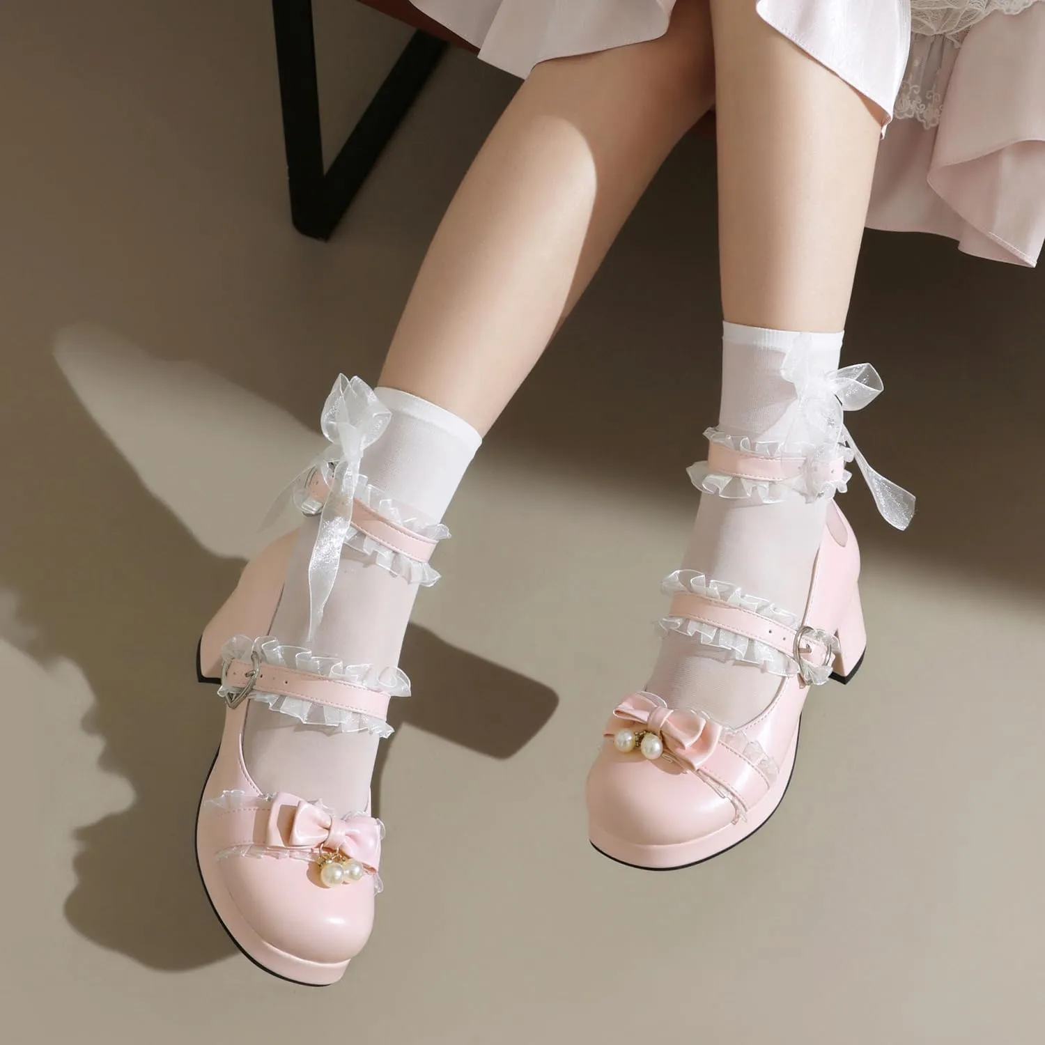 SEIFIN Women's Kawaii Lolita Mid Block Heel Mary Jane Shoes Cute Ankle Strap Mary Jane Shoes Goth Strappy Bow Wedding Lace Mid Chunky Heel Pumps Cute Sweet Shoes