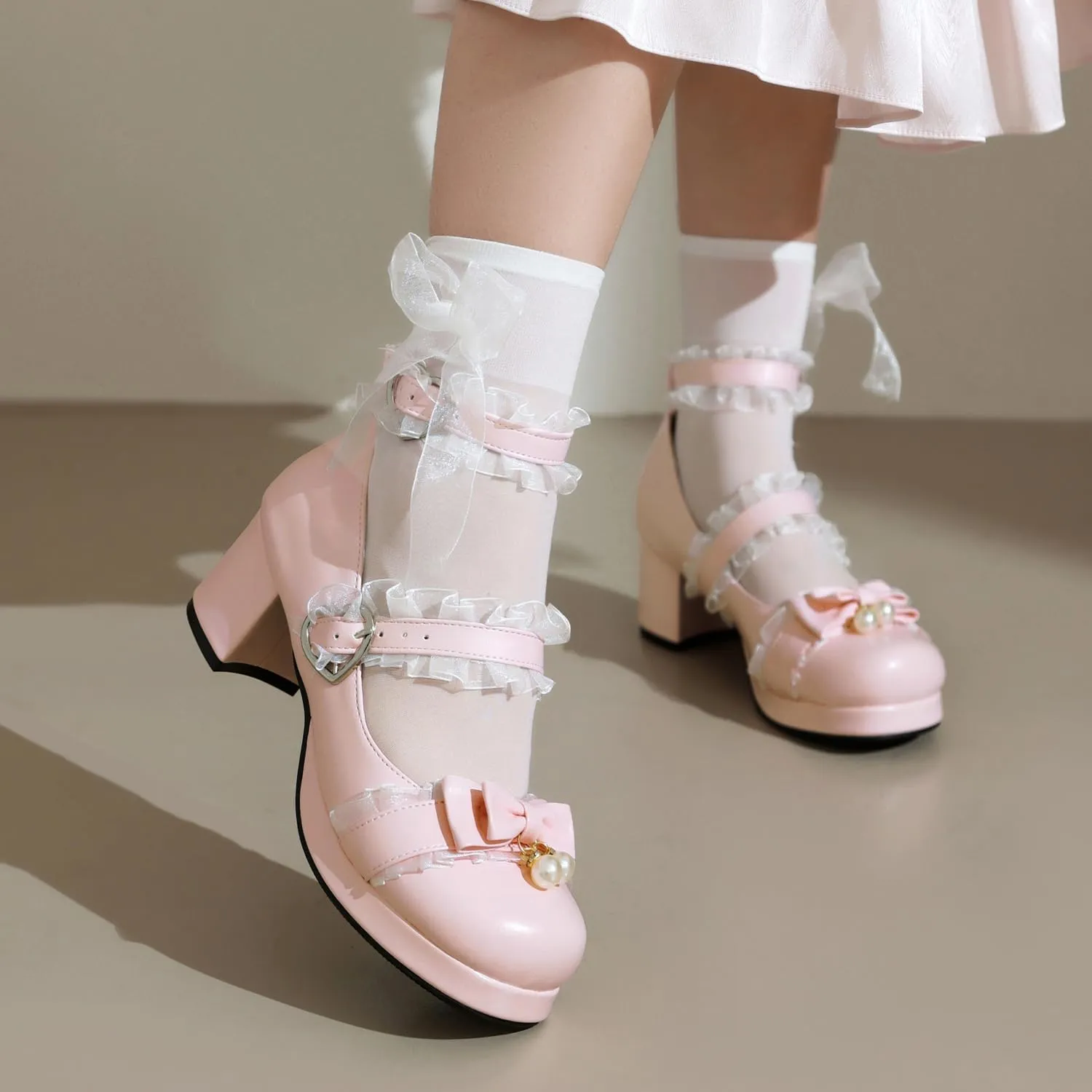 SEIFIN Women's Kawaii Lolita Mid Block Heel Mary Jane Shoes Cute Ankle Strap Mary Jane Shoes Goth Strappy Bow Wedding Lace Mid Chunky Heel Pumps Cute Sweet Shoes