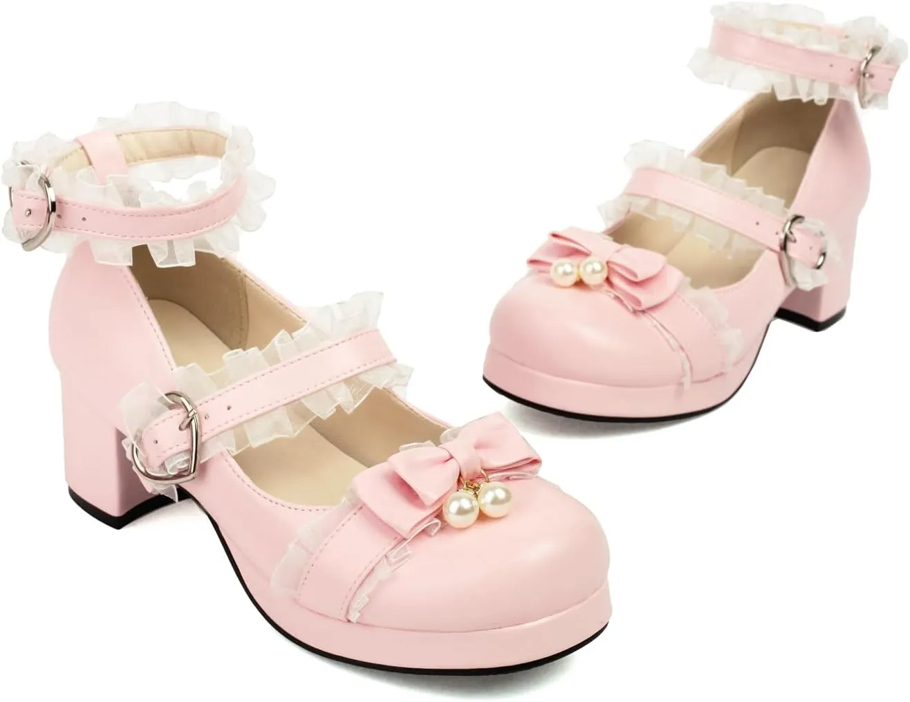 SEIFIN Women's Kawaii Lolita Mid Block Heel Mary Jane Shoes Cute Ankle Strap Mary Jane Shoes Goth Strappy Bow Wedding Lace Mid Chunky Heel Pumps Cute Sweet Shoes