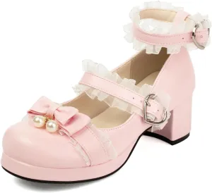 SEIFIN Women's Kawaii Lolita Mid Block Heel Mary Jane Shoes Cute Ankle Strap Mary Jane Shoes Goth Strappy Bow Wedding Lace Mid Chunky Heel Pumps Cute Sweet Shoes