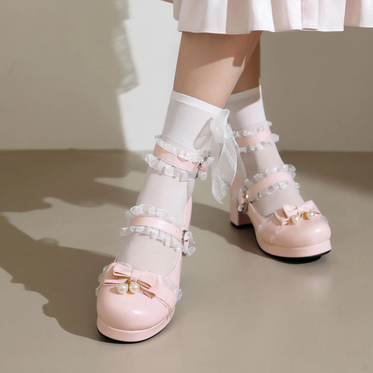 SEIFIN Women's Kawaii Lolita Mid Block Heel Mary Jane Shoes Cute Ankle Strap Mary Jane Shoes Goth Strappy Bow Wedding Lace Mid Chunky Heel Pumps Cute Sweet Shoes