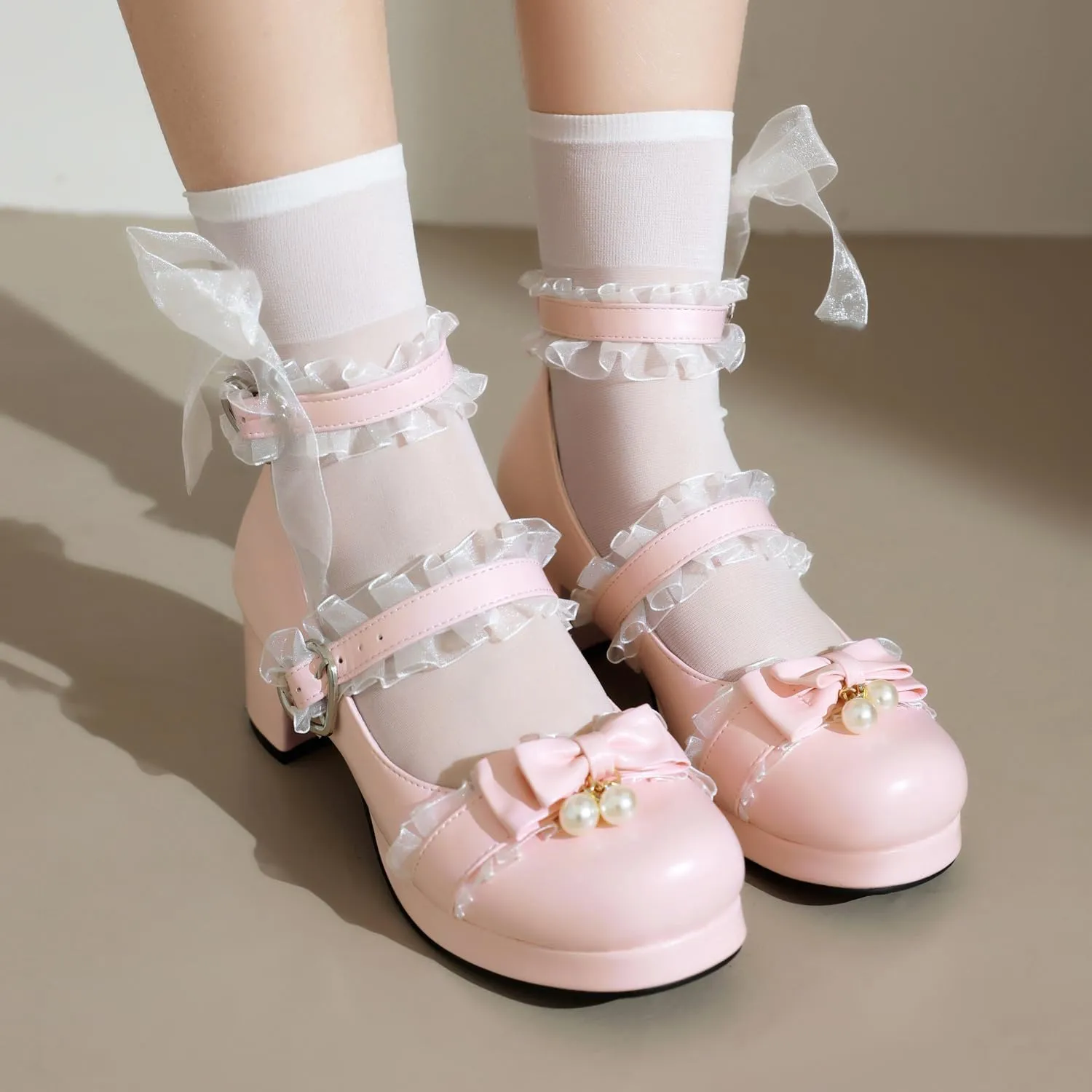 SEIFIN Women's Kawaii Lolita Mid Block Heel Mary Jane Shoes Cute Ankle Strap Mary Jane Shoes Goth Strappy Bow Wedding Lace Mid Chunky Heel Pumps Cute Sweet Shoes