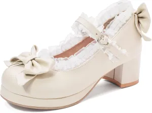SHEMEE Women's Kawaii Sweet Bow Cosplay Dress Shoes Chunky Platform Mid Block Heels Buckle Ankle Strap Mary Jane Pumps