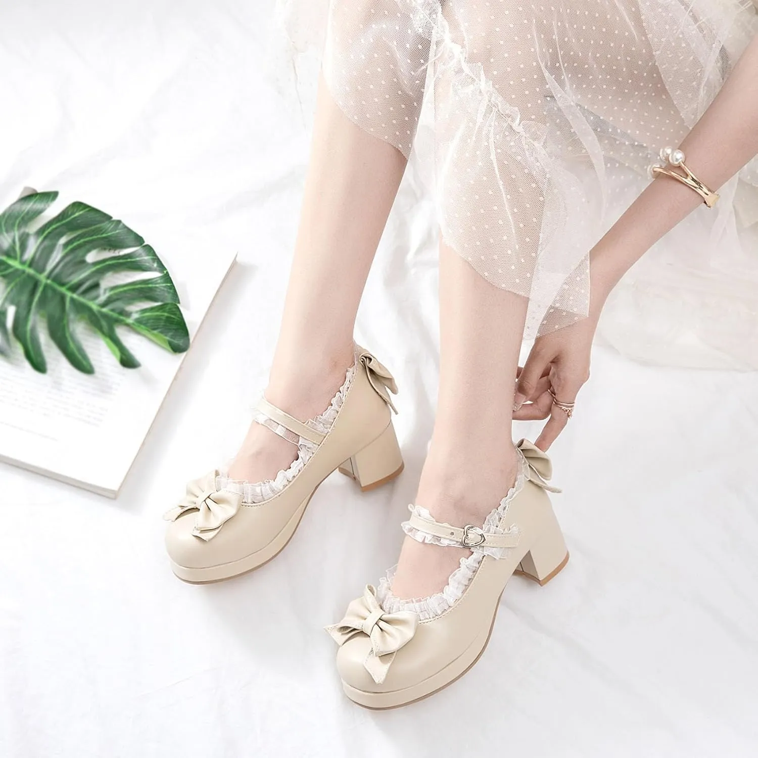 SHEMEE Women's Kawaii Sweet Bow Cosplay Dress Shoes Chunky Platform Mid Block Heels Buckle Ankle Strap Mary Jane Pumps