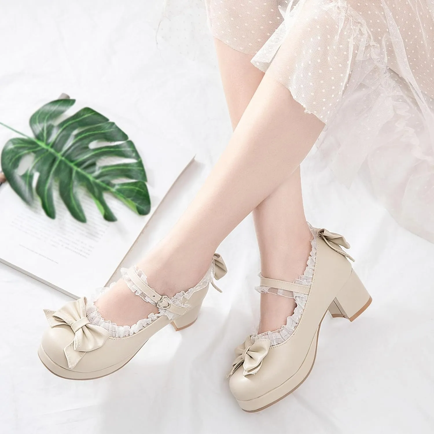SHEMEE Women's Kawaii Sweet Bow Cosplay Dress Shoes Chunky Platform Mid Block Heels Buckle Ankle Strap Mary Jane Pumps
