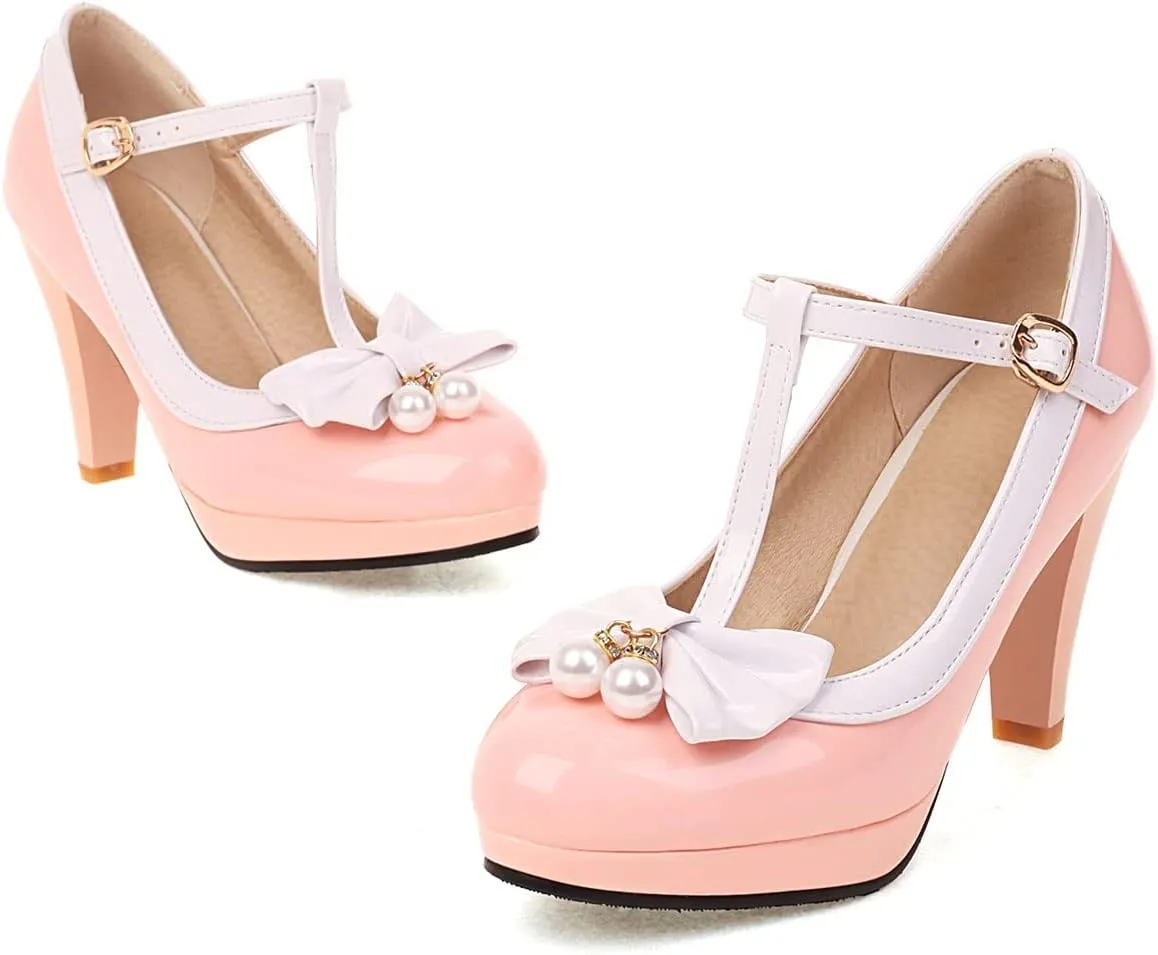 SHEMEE Women's T-Strap Buckle Patent Leather Mary Jane Pumps Chunky High Heel Platform Round Toe Cute Bow Kawaii Cosplay Shoes