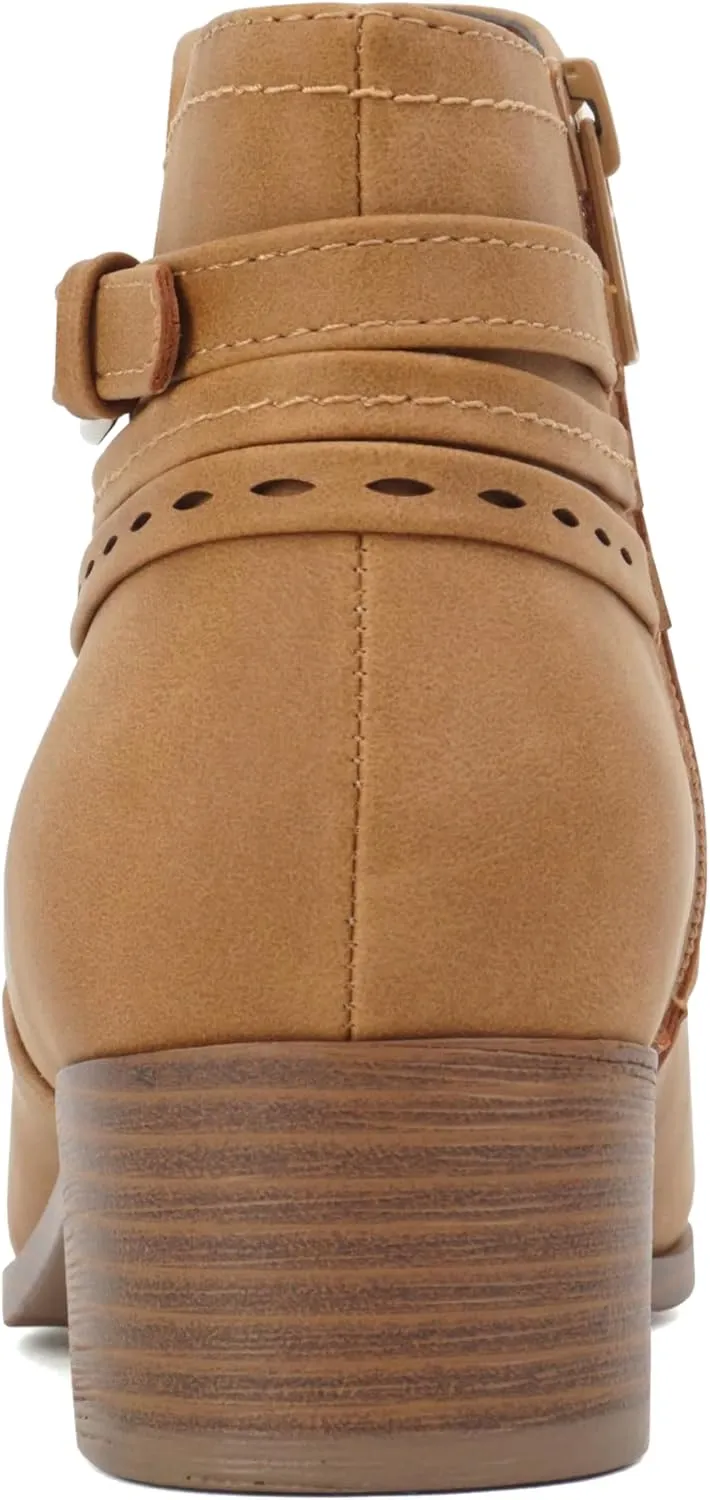 Soda “BOYET” ~ Women Round Toe Elastic Gore Multi Back Strap Low Stack Heel Ankle Bootie with Side Zipper