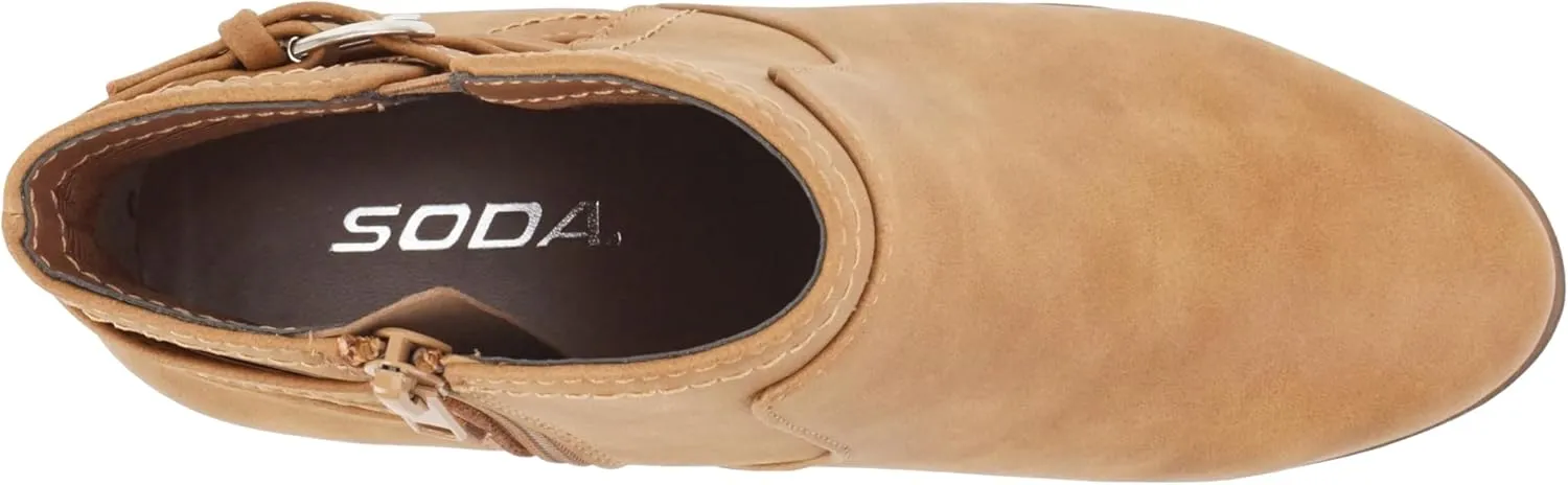 Soda “BOYET” ~ Women Round Toe Elastic Gore Multi Back Strap Low Stack Heel Ankle Bootie with Side Zipper