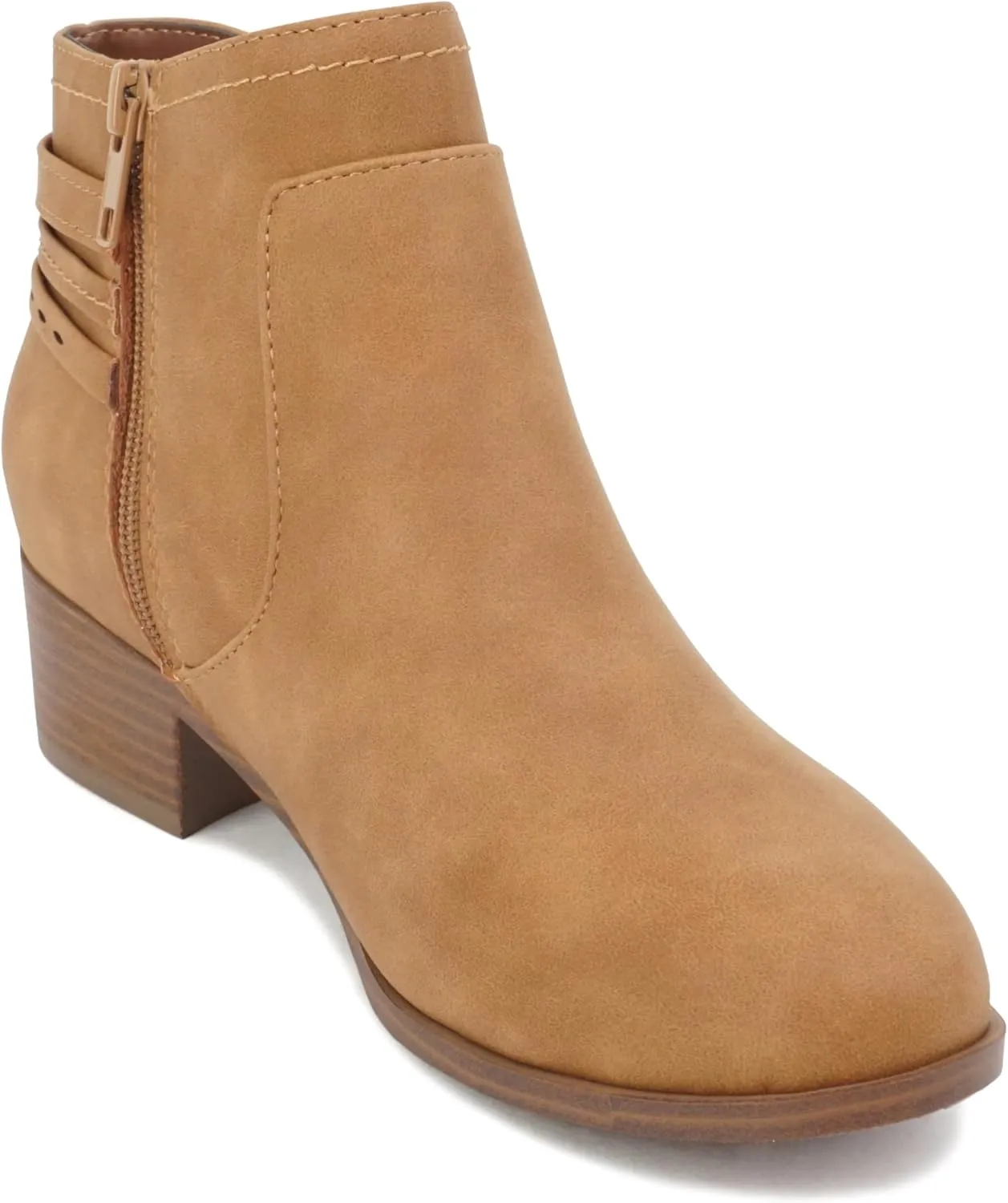 Soda “BOYET” ~ Women Round Toe Elastic Gore Multi Back Strap Low Stack Heel Ankle Bootie with Side Zipper