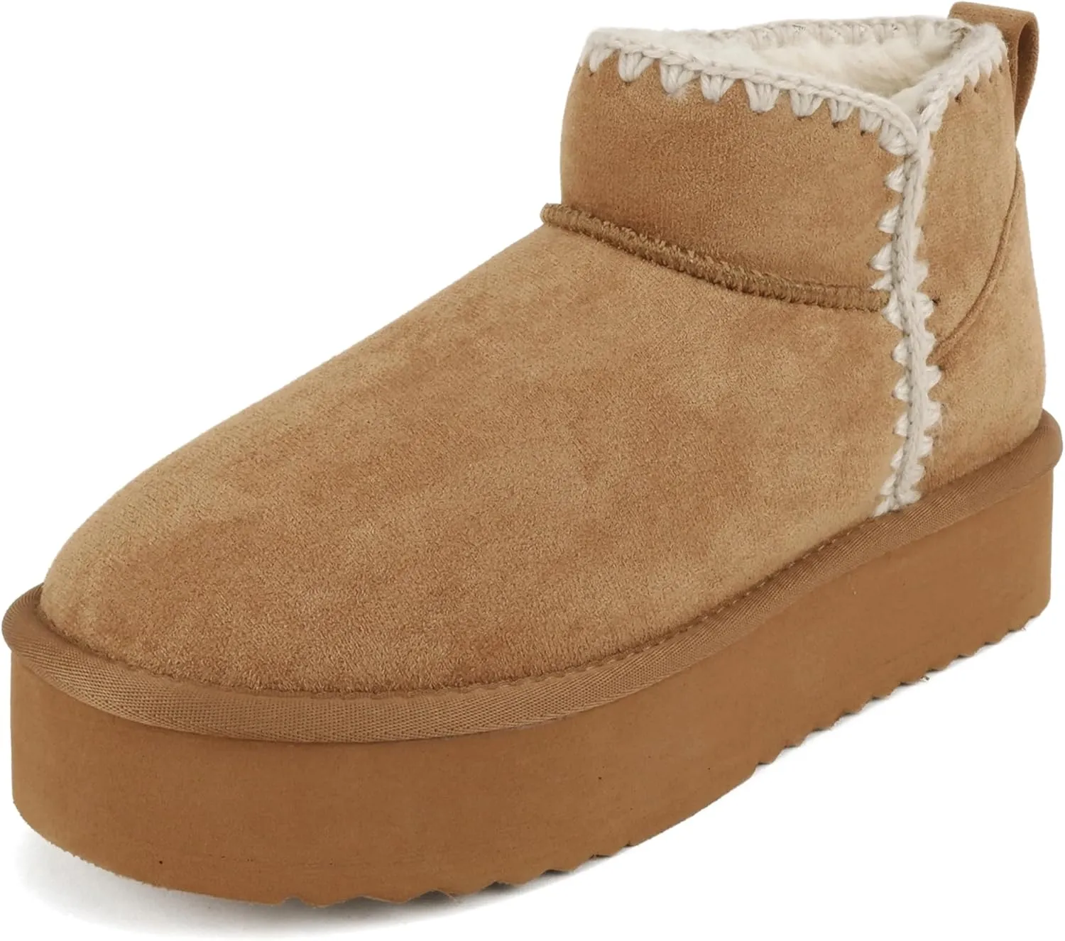 Soda “Groove” ~ Women Round Toe Lug Sole Low Flatform Sherpa-lined Ankle Bootie with Stitch Detail