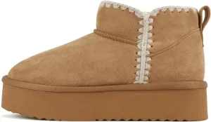 Soda “Groove” ~ Women Round Toe Lug Sole Low Flatform Sherpa-lined Ankle Bootie with Stitch Detail