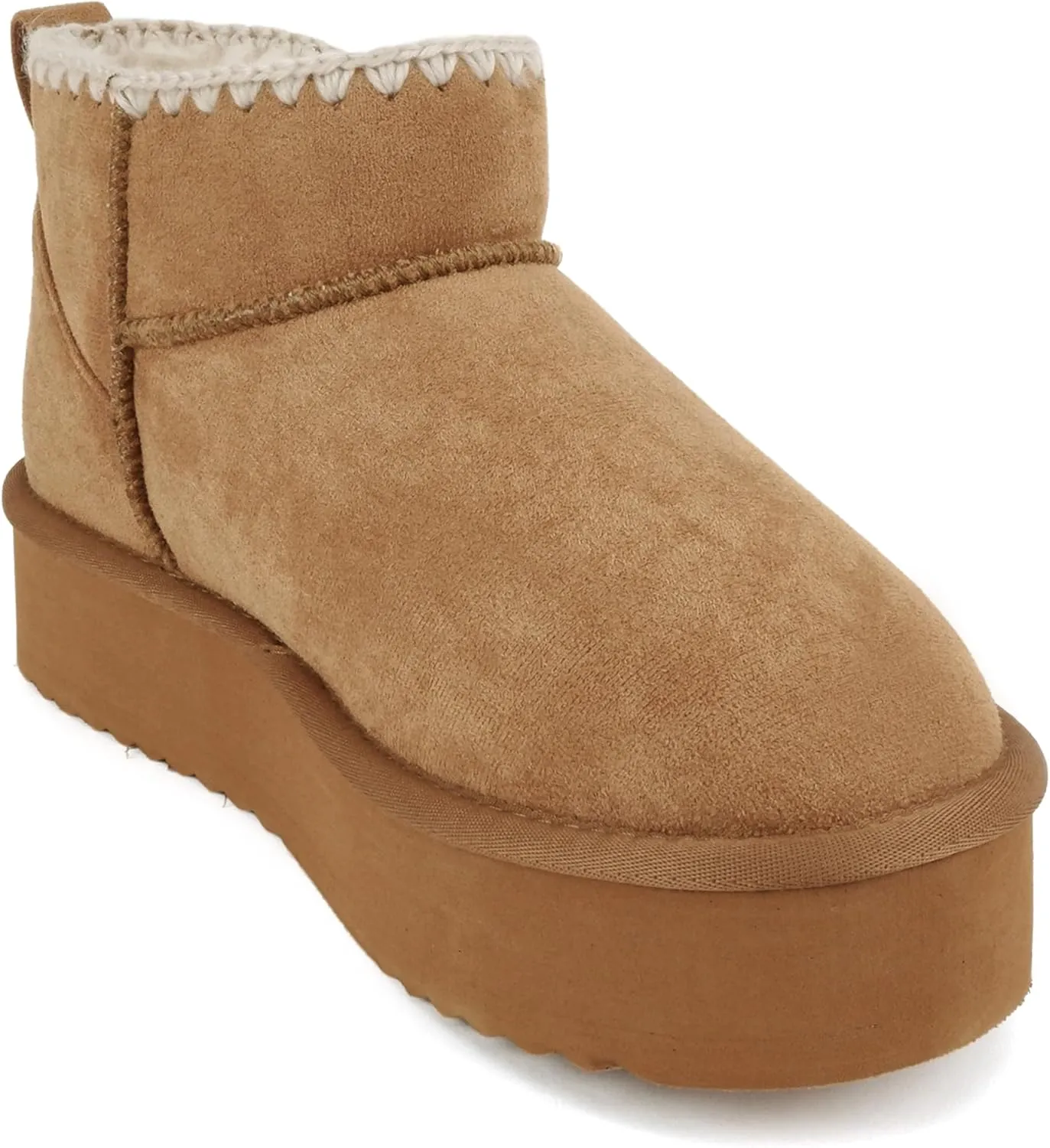 Soda “Groove” ~ Women Round Toe Lug Sole Low Flatform Sherpa-lined Ankle Bootie with Stitch Detail