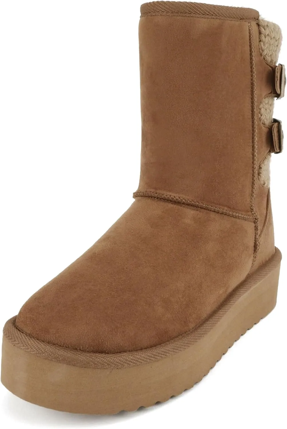 Soda “Medal” ~ Women Round Toe Belt Strap Sweater Shaft Lug Sole Low Flatform Sherpa-lined Mid-Calf Boot