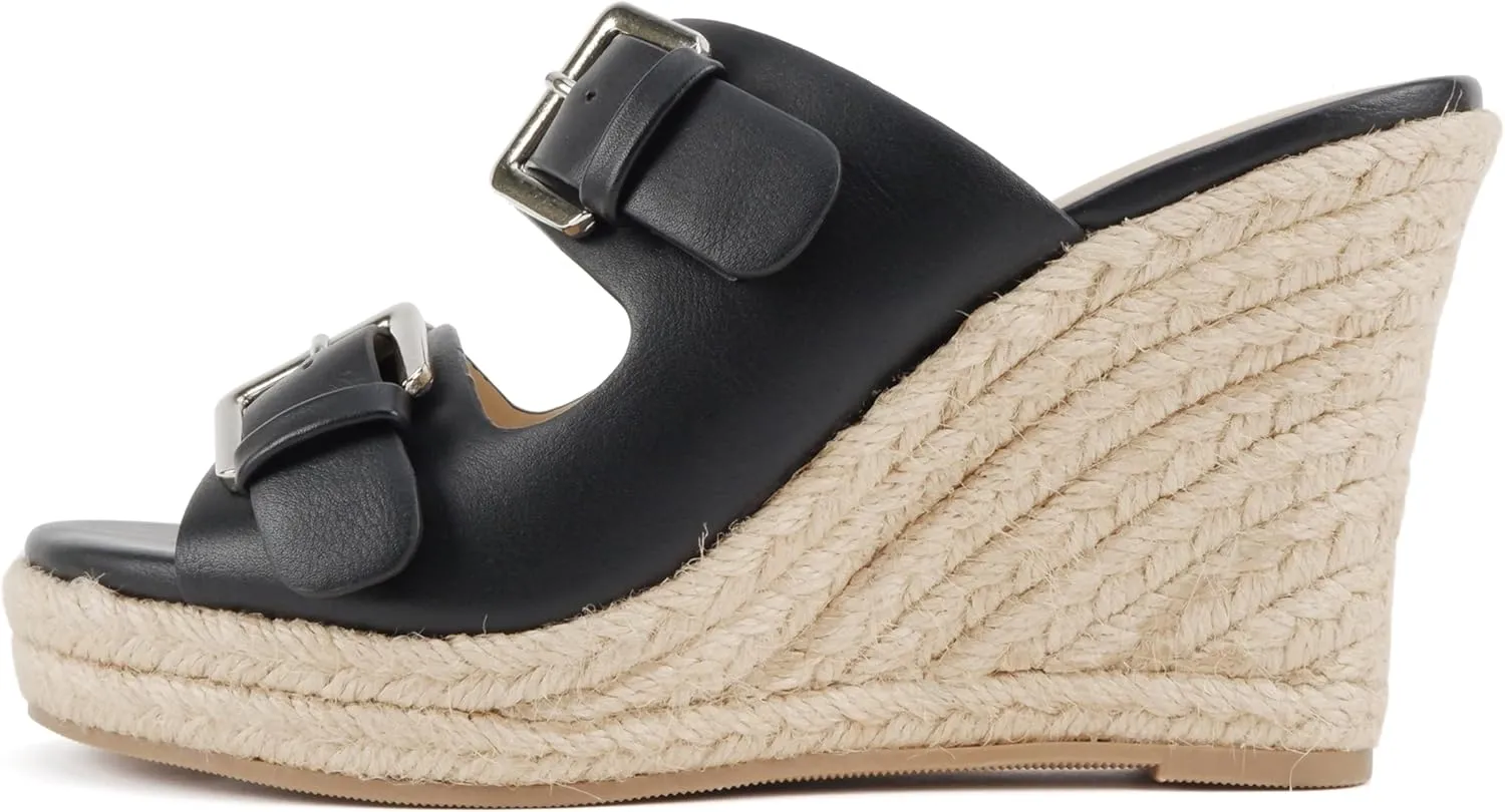 Soda “Nakia” ~ Women Open Round Toe Double Strap Wedge Sandal with Buckle Closures