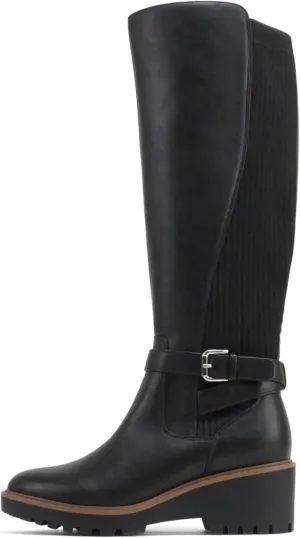 Soda “ZONE” ~ Women Round Toe Elastic Sweater Belted Strap Lug Sole Low Wedge Heel Knee-High Boot with Side Zipper