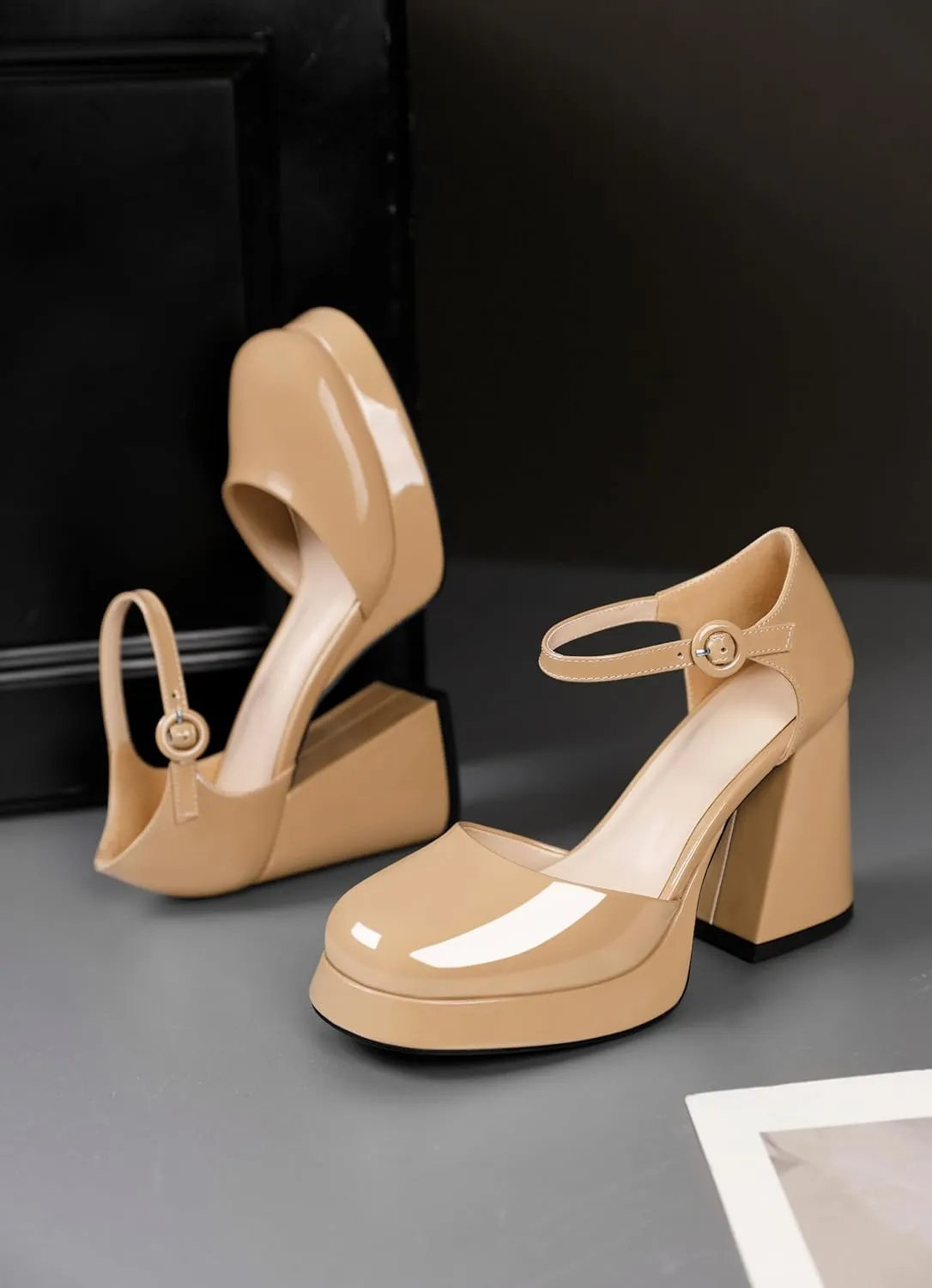 Soireelady Womens Chunky Platform Heels, Mary Jane Shoes Block Heel Pumps, High Heel Square Closed Toe Heels Ankle Strap Dress Shoes Comfort Fashion 4 Inches
