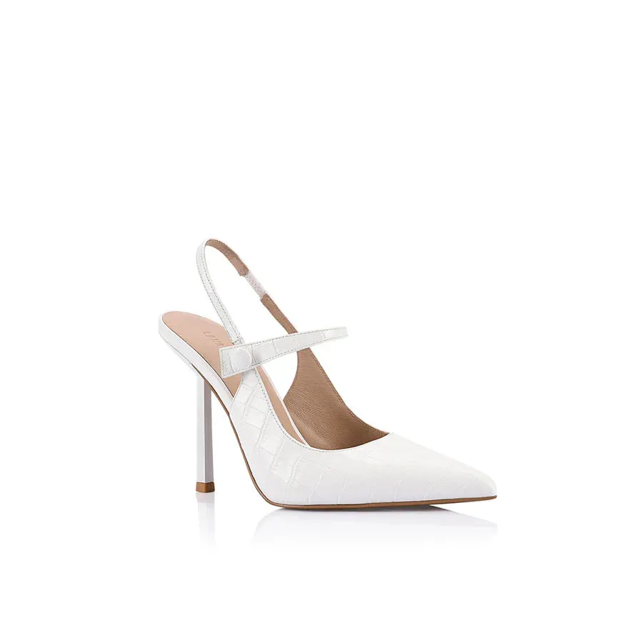Sophie Heel - White Croc Embossed Leather